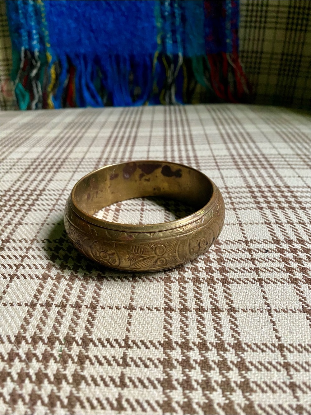 Antique-Style Brass Engraved Bangle Bracelet - Gold Tone